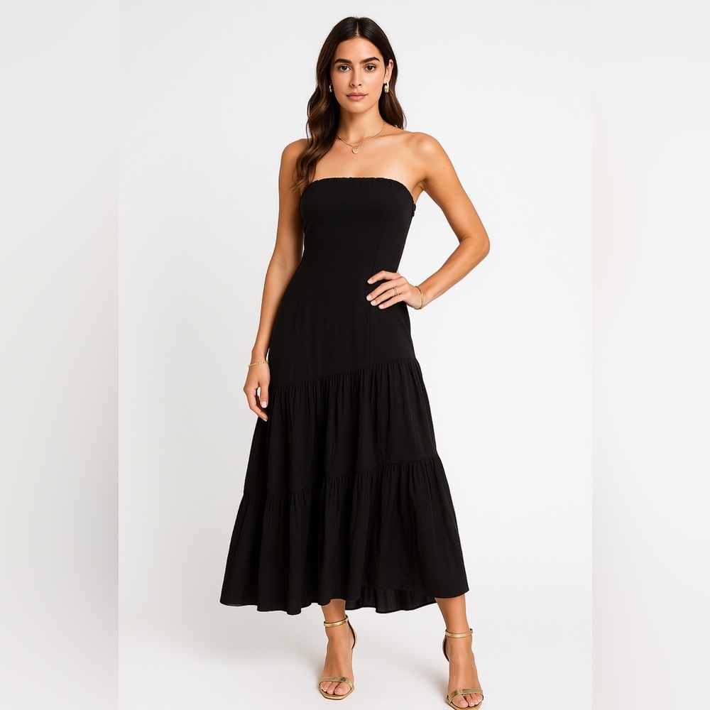 Commense Strapless Black Dress Pleated Mermaid Hem Cocktail Party Evening Gown